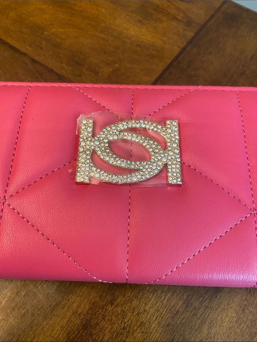 bebe Zara Hot Pink Quilted Zip-Around Wallet Wristlet with Rhinestone Logo 🆕